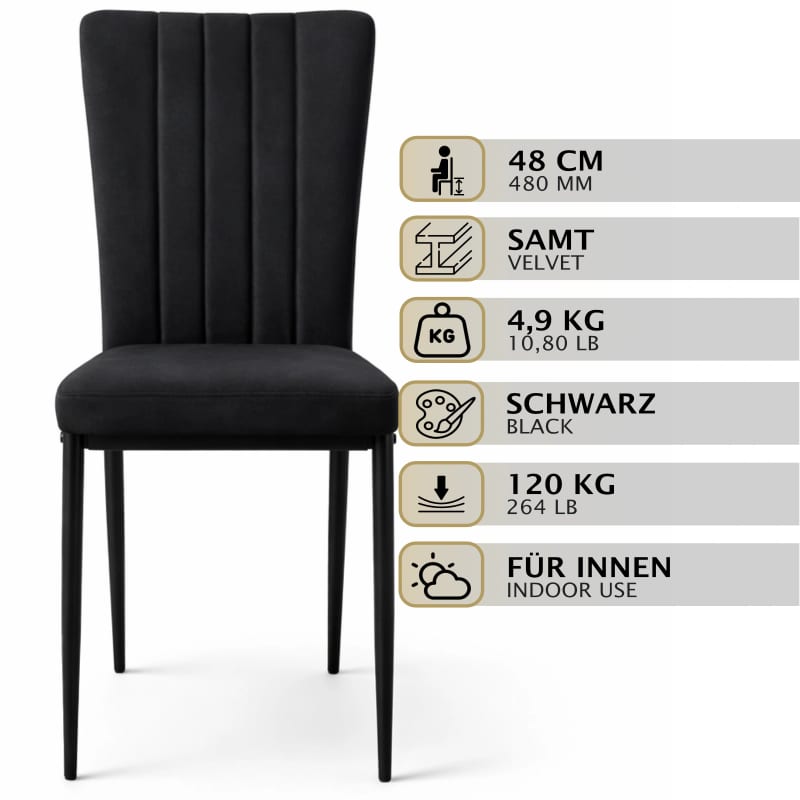 HAGO24 Esszimmerstühle 4er Set Schwarz Samtbezug Polsterstuhl Metallbeine – Bild 2