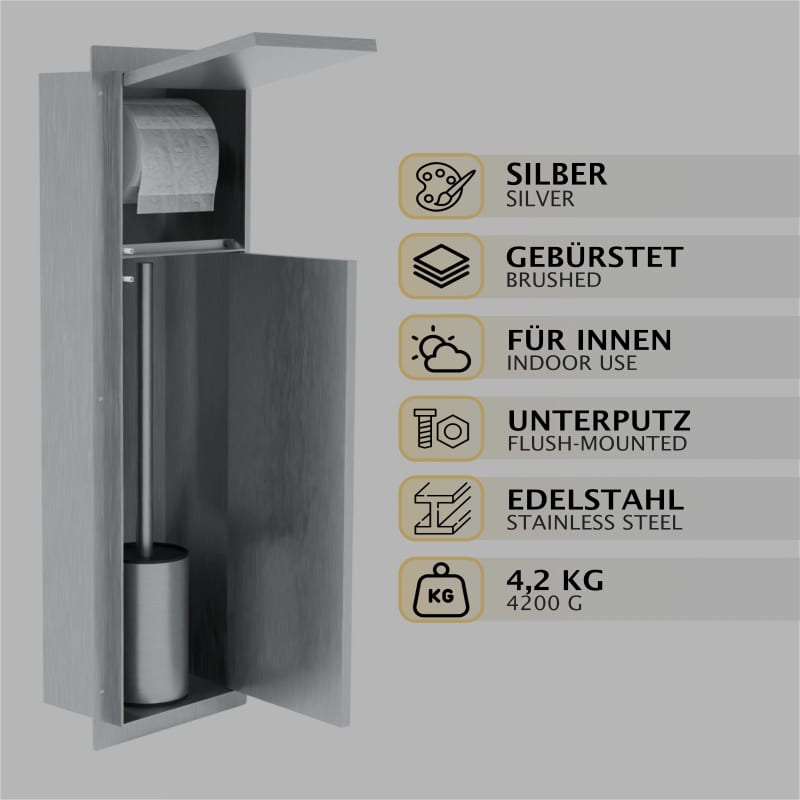 HAGO24 WC Modul Edelstahl gebürstet Schlitz Einbauschrank Unterputz Wandnische 200x600mm Toilettenpapierhalter Bürstenhalter Push-to-Open befliesbare Tür – Bild 3