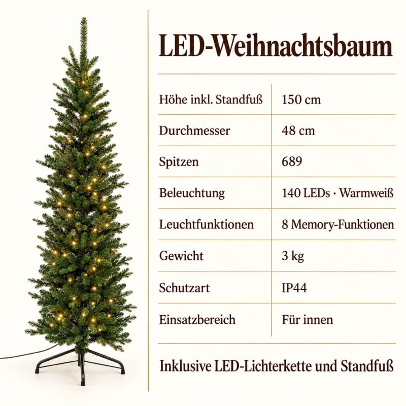 HAGO24 Künstlicher Weihnachtsbaum 150cm mit Beleuchtung Grün Kunststoff Kunstbaum Tannenbaum Christbaum Real Needle Look aufklappbar mit Standfuß – Bild 5