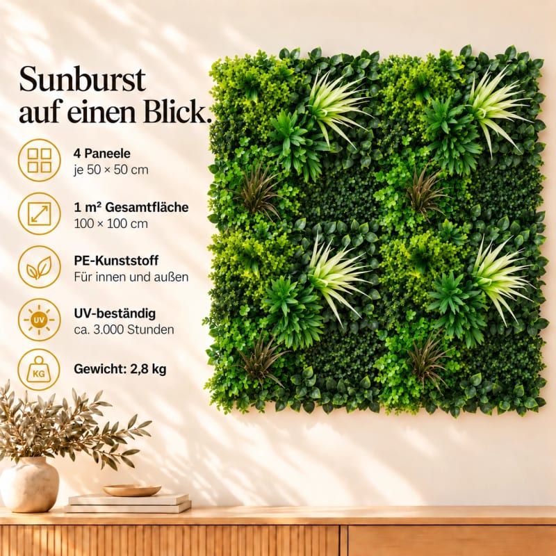 HAGO24 1qm Künstliche Pflanzwand Grün PE Kunstpflanzenwand Pflanzenmatte Blumenwand 4er-Set 50x50 cm Paneel Wanddeko UV-Beständig – Bild 4
