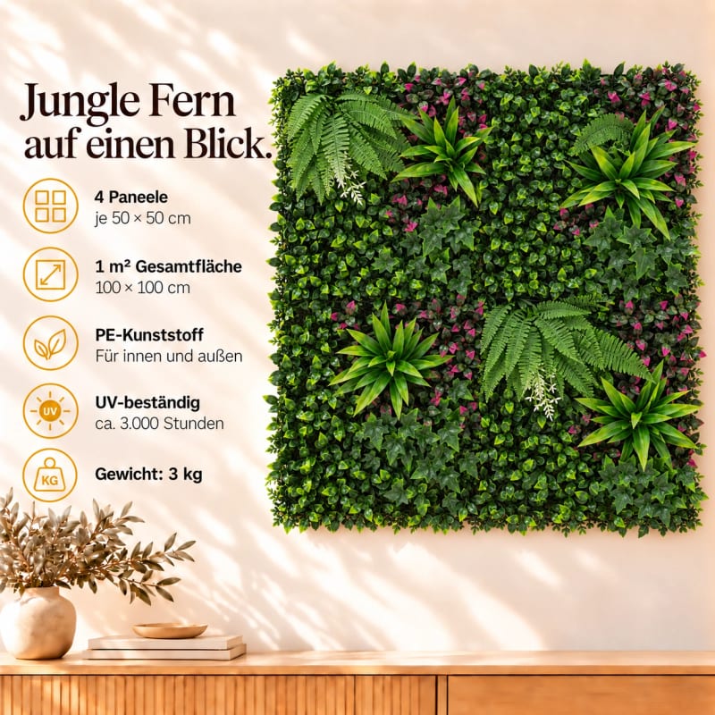 HAGO24 1qm Künstliche Pflanzwand Grün PE Kunstpflanzenwand Pflanzenmatte Blumenwand 4er-Set 50x50 cm Paneel Wanddeko UV-Beständig – Bild 4
