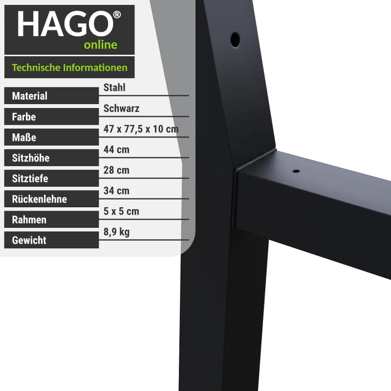 HAGO24 Bankgestell Stahl H-Form 2er Set Bankfüße Schwarz Pulverbeschichtet Rückenlehne Wetterfest Industrial Look Bodenschoner – Bild 4