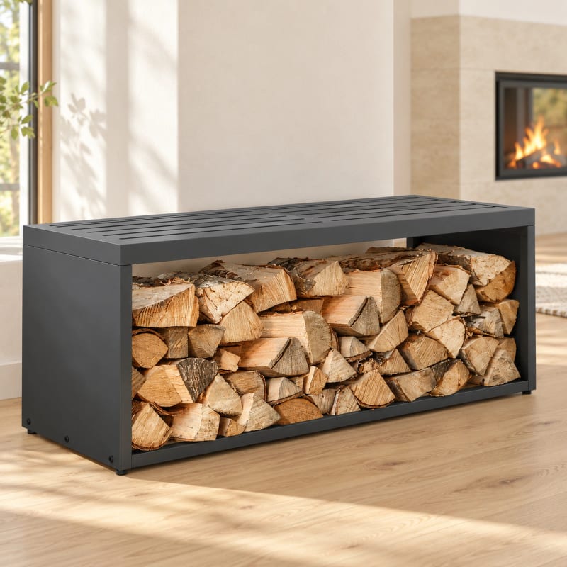 HAGO24 Feuerholzregal mit Sitzbank Anthrazit RAL 7016 verzinkter Stahl Kaminholzregal Brennholzregal Holzlager integrierte Sitzbank Kunststoff-Sitzfläche bis zu 220 kg belastbar – Bild 1