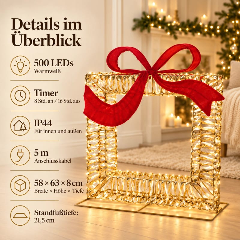 HAGO24 LED Geschenkbox Gold mit roter Schleife Metall Leuchtgeschenk Lichtgeschenk Geschenkbeleuchtung 500 warmweiße LEDs Timer 8/16 Stunden IP44 innen und außen – Bild 4