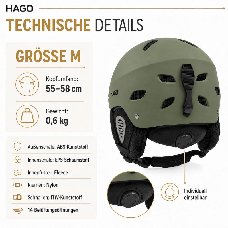 HAGO24 Skihelm Grün ABS-Kunststoff EPS-Schaumstoff Snowboardhelm Snowboardhelm Unisex größenverstellbar 14 Belüftungsöffnungen Skibrillenhalter – Größe M – Bild 4