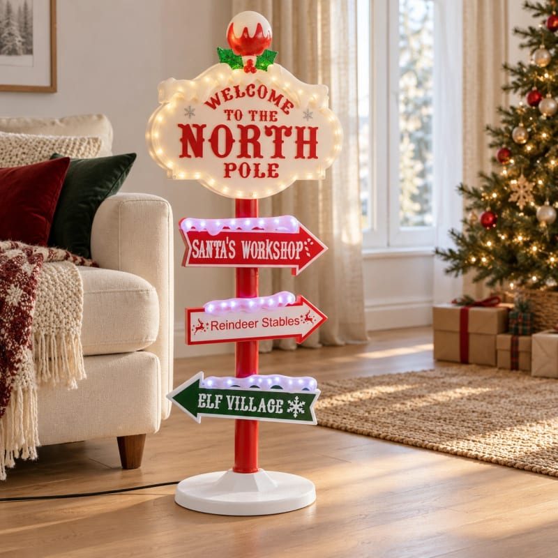 HAGO24 LED-Deko Wegweiser Weihnachten Nordpol Weihnachtsbeleuchtung 95cm Winter Eyecatcher vier Schilder – Bild 5