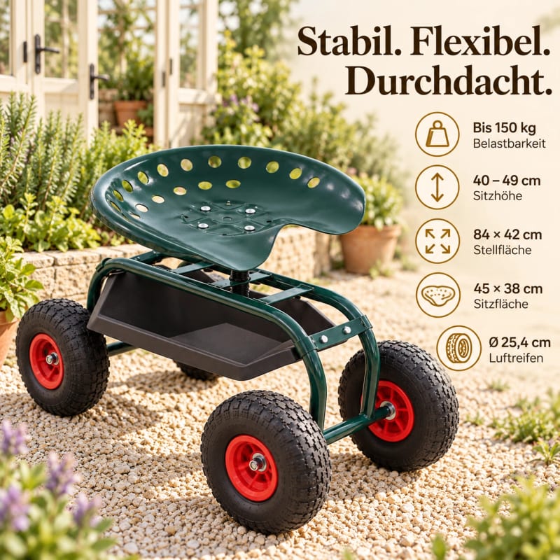 HAGO24 Gartenrollsitz Grün Stahl Gartenrollwagen Gartensitzwagen Gartenarbeitssitz 360° drehbar höhenverstellbar Aufbewahrungskorb – Bild 4