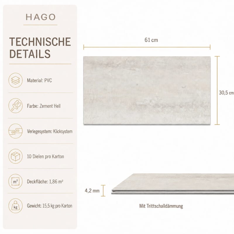HAGO24 PVC-Vinylboden Zement hell PVC Klickvinyl PVC-Bodenbelag Vinyl-Dielen Zement-Optik Klicksystem Trittschalldämmung – Bild 4