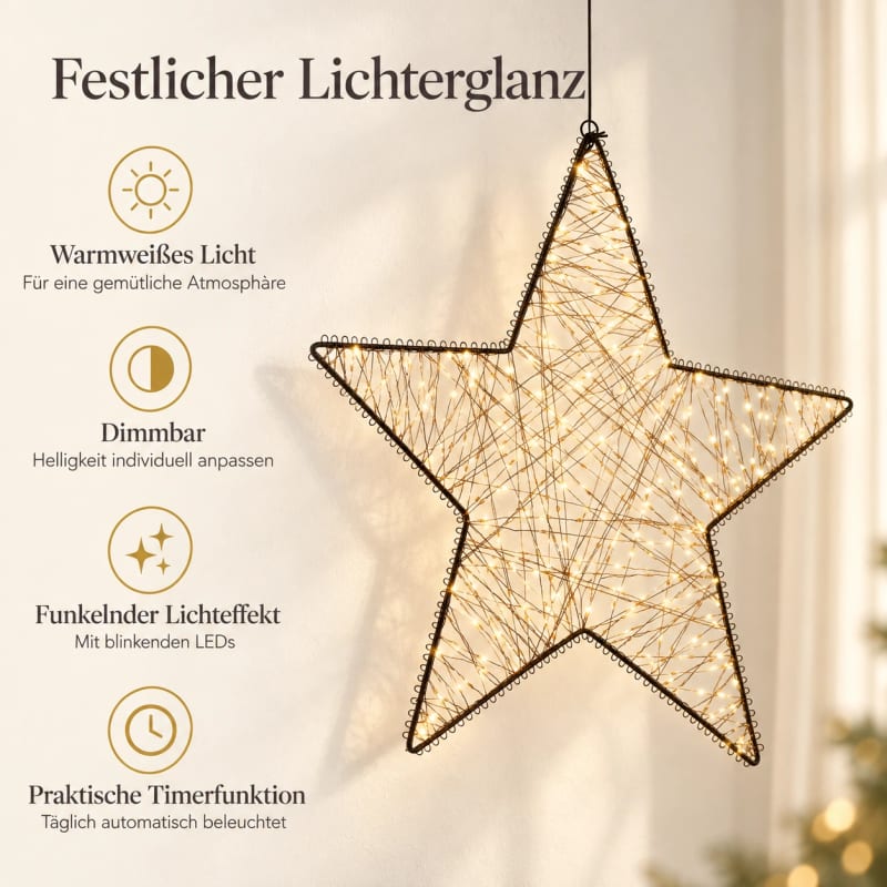 HAGO24 LED Weihnachtsstern Warmweißes Licht Metallrahmen LED-Stern Leuchtstern Dekostern 500 LEDs mit 20 % Flashing Dimm- und Timerfunktion IP44 für Innen- und Außenbereich – Bild 3
