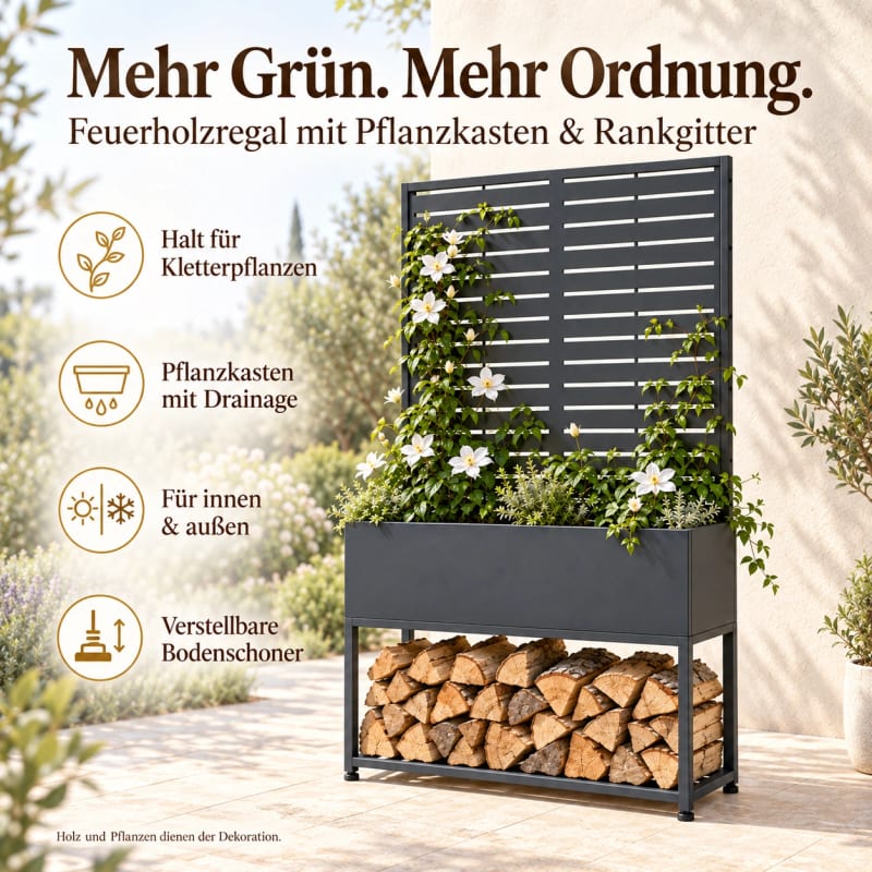 HAGO24 Feuerholzregal Anthrazit (RAL 7016) verzinkter Stahl Brennholzregal Kaminholzregal Holzständer Pflanzkasten Rankgitter 4 verstellbare Bodenschoner – Bild 3