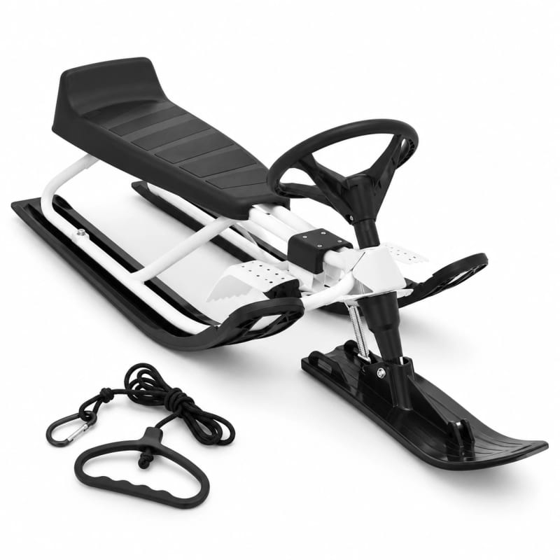 HAGO24 Kinder Lenkschlitten weiß Stahl Rodelschlitten Steuerschlitten Schneeschlitten 20-cm-Sitzhöhe Fußbremse abnehmbares Zugseil im Einsatz
