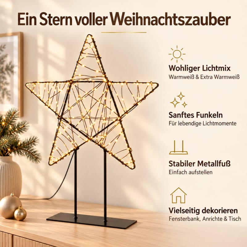 HAGO24 LED-Weihnachtsfigur auf Standfuß Warmweiß und extra warmweiß Metall LED-Leuchtstern Weihnachtsstern Metall-Weihnachtsdeko 350 Micro-LEDs 15 % Blinkfunktion 500 cm Zuleitung – Bild 3