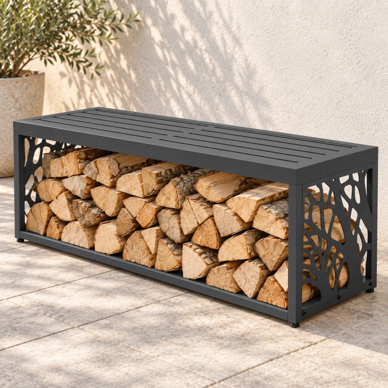 HAGO24 Feuerholzregal mit Sitzbank Anthrazit RAL 7016 verzinkter Stahl Kaminholzregal Brennholzregal Holzlager integrierte Sitzbank Kunststoff-Sitzfläche bis zu 220 kg belastbar – Bild 5