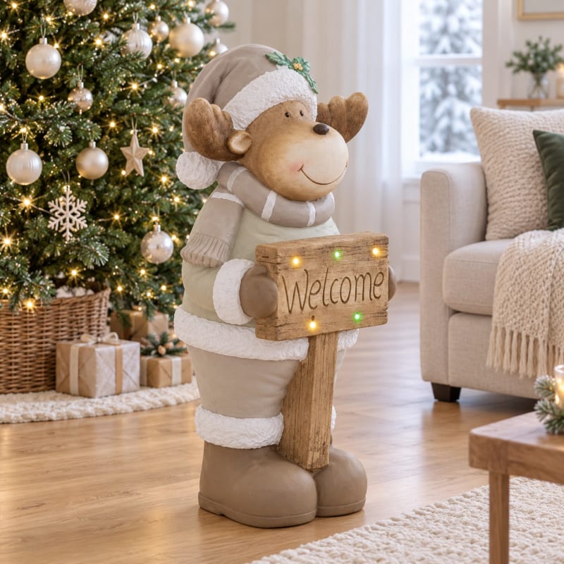 HAGO24 LED-Dekofigur Elch Grau Magnesia Weihnachtsfigur Elchfigur Rentierfigur 76cm-Höhe batteriebetrieben Welcome-Schild – Bild 5