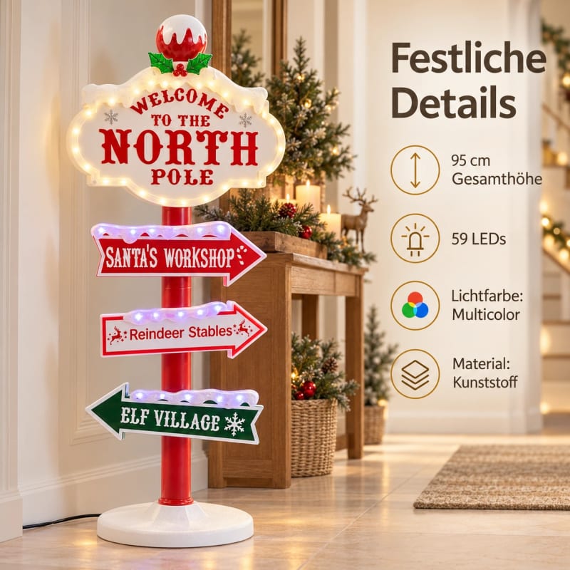 HAGO24 LED-Deko Wegweiser Weihnachten Nordpol Weihnachtsbeleuchtung 95cm Winter Eyecatcher vier Schilder – Bild 4