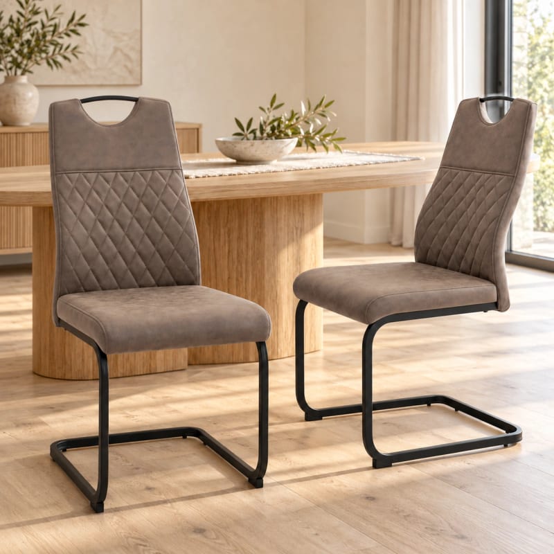 HAGO24 2er-Set Esszimmerstuhl Braun Kunstleder Küchenstühle Schwingstuhl Freischwinger Polsterstuhl Rautensteppung Griffmulde Bodenschoner – Bild 1
