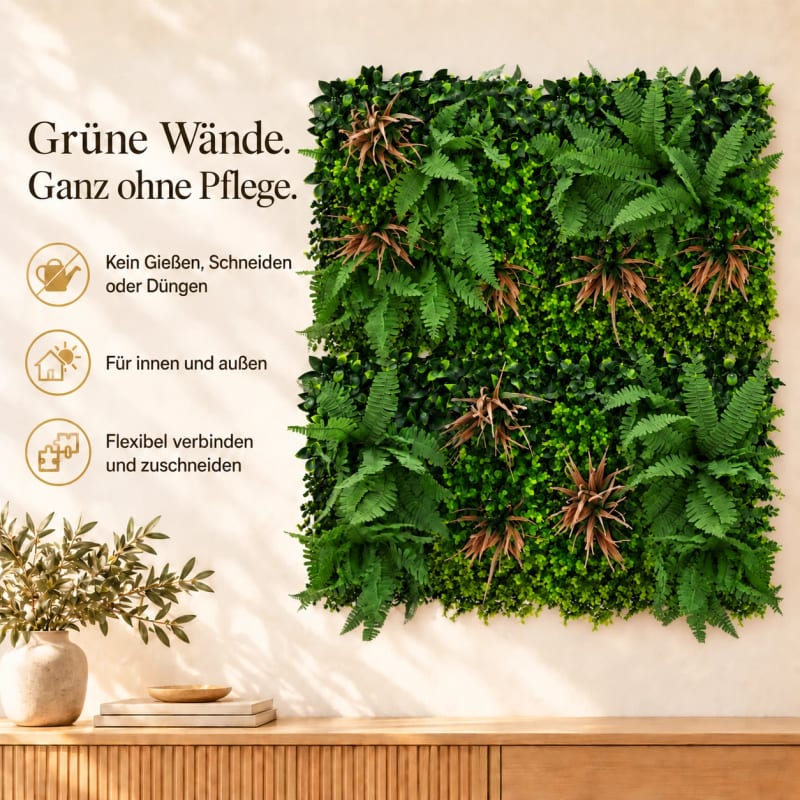HAGO24 1qm Künstliche Pflanzwand Grün PE Kunstpflanzenwand Pflanzenmatte Blumenwand 4er-Set 50x50 cm Paneel Wanddeko UV-Beständig – Bild 3
