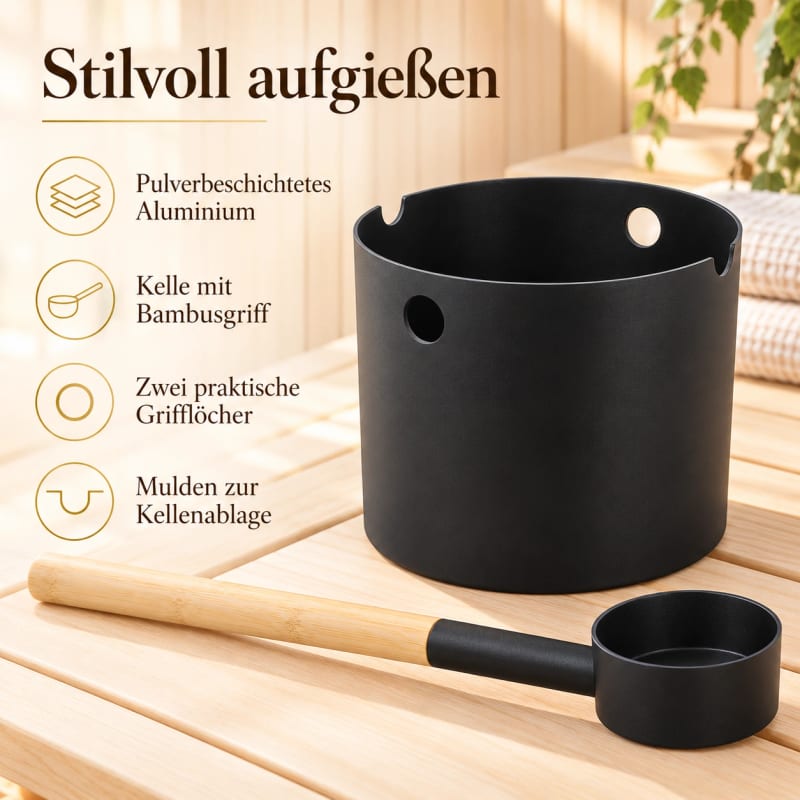 HAGO24 Aufgusskübel-Set Schwarz Aluminium und Bambus Saunaeimer-Set Sauna-Aufgussset Aufgusseimer-Set 7 Liter Fassungsvermögen integrierte Kellenablage mattschwarze Pulverbeschichtung – Bild 3