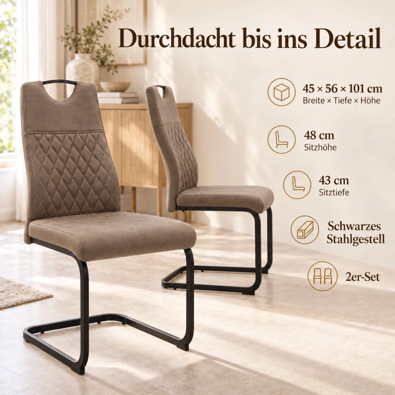 HAGO24 2er-Set Esszimmerstuhl Braun Kunstleder Küchenstühle Schwingstuhl Freischwinger Polsterstuhl Rautensteppung Griffmulde Bodenschoner – Bild 4