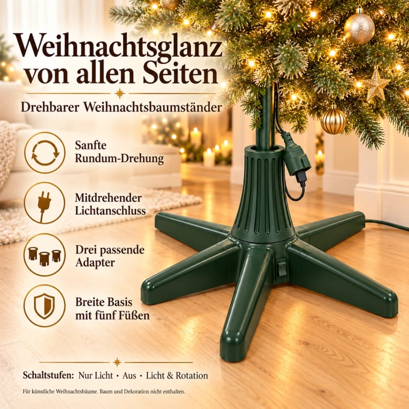 HAGO24 Weihnachtsbaumständer Grün Kunststoff Christbaumständer Tannenbaumständer Baumständer drehbar 360°-Rotation künstliche Weihnachtsbäume bis 240 cm mit 5 Standfüßen und 3 Adapter-Aufsätzen – Bild 3