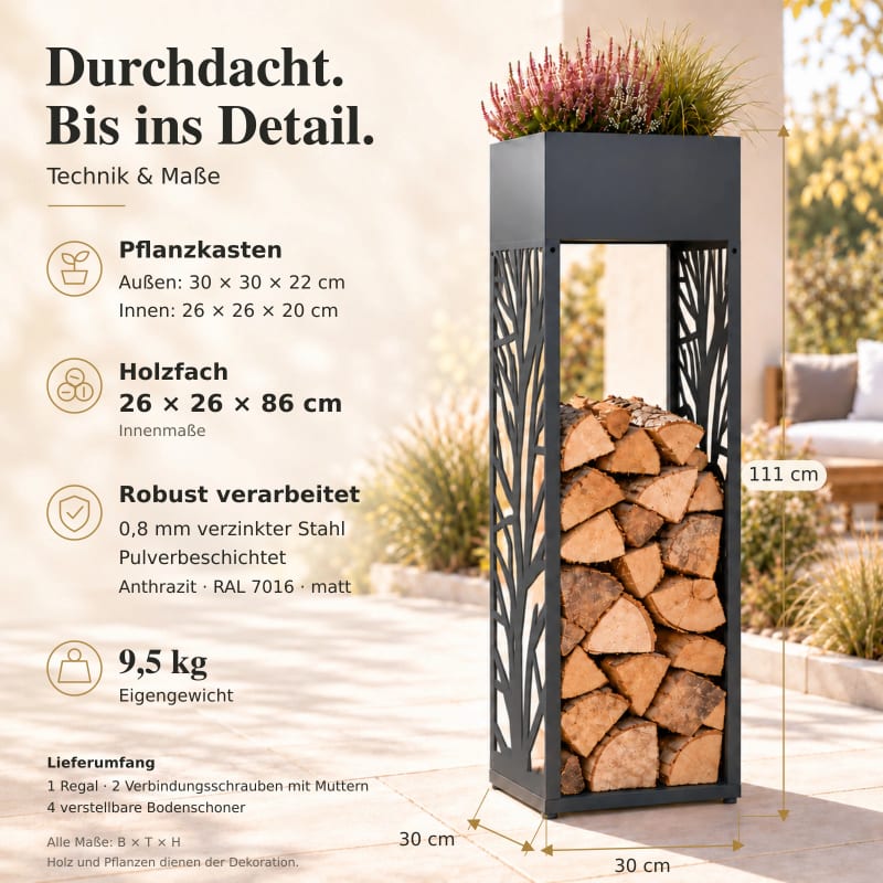 HAGO24 Feuerholzregal Anthrazit verzinkter Stahl Kaminholzregal Brennholzregal Holzlager Säulenform integrierter Pflanzkasten modular erweiterbar – Bild 4