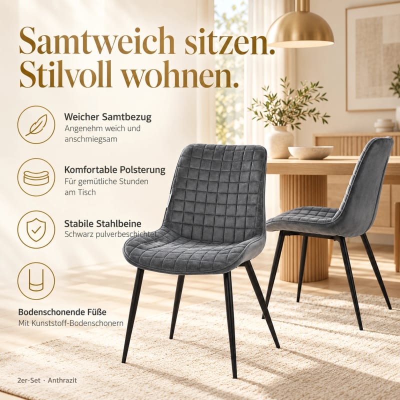 HAGO24 Esszimmerstühle Anthrazit - Samt Polsterstuhl Küchenstuhl Samtstuhl Essstuhl quadratische Steppung gepolsterte Rückenlehne schwarzes Metallgestell – Bild 3