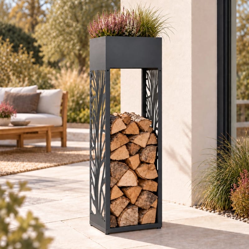 HAGO24 Feuerholzregal Anthrazit verzinkter Stahl Kaminholzregal Brennholzregal Holzlager Säulenform integrierter Pflanzkasten modular erweiterbar – Bild 1