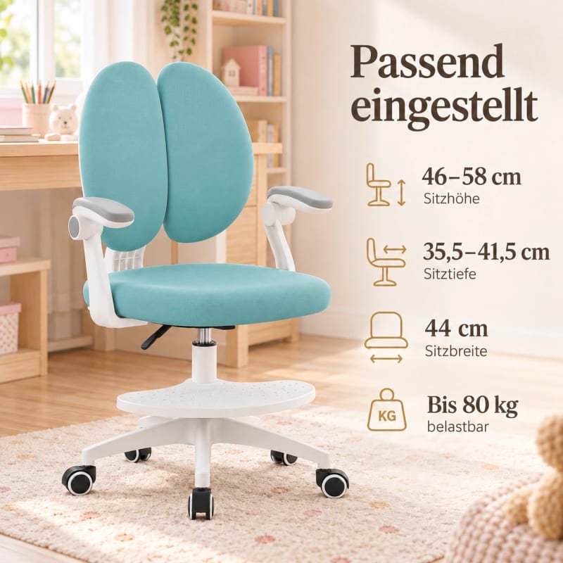 HAGO24 Kinder-Schreibtischstuhl Mint Polyester Drehstuhl Bürostuhl Schreibtischsessel 46-58cm-Sitzhöhe geteilte Rückenlehne höhenverstellbare Fußstütze – Bild 4