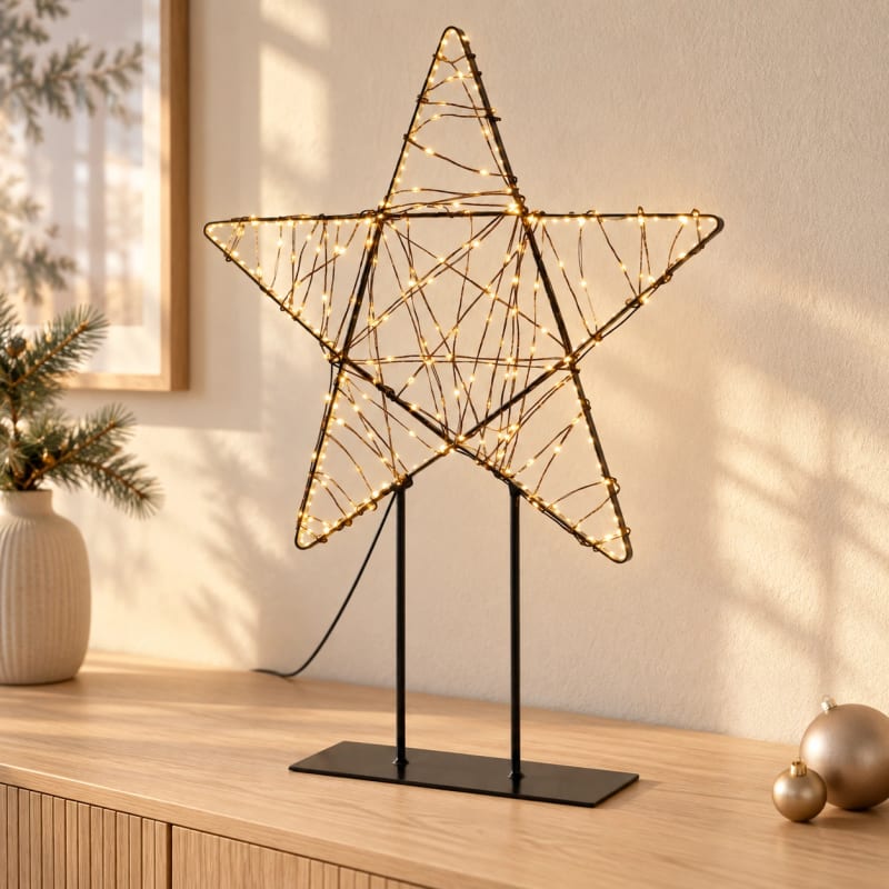HAGO24 LED-Weihnachtsfigur auf Standfuß Warmweiß und extra warmweiß Metall LED-Leuchtstern Weihnachtsstern Metall-Weihnachtsdeko 350 Micro-LEDs 15 % Blinkfunktion 500 cm Zuleitung – Bild 5