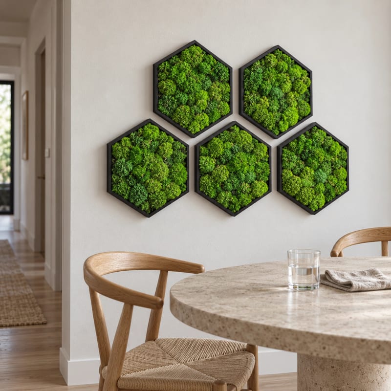 HAGO24 Hexagon Moosbild Grün Kiefernholz Wandbild Mooswand Wanddekoration echtes konserviertes Kugelmoos sechseckige Form Aufhängung Unikat – Bild 5