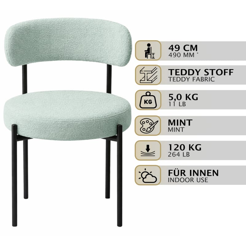 HAGO24 Esszimmerstühle 2er Set Mint Teddystoff Bezug Polsterstuhl Sitzhöhe 49cm rund schwarze Metallfüße Grün gemütlich edles Design bis 120kg – Bild 2