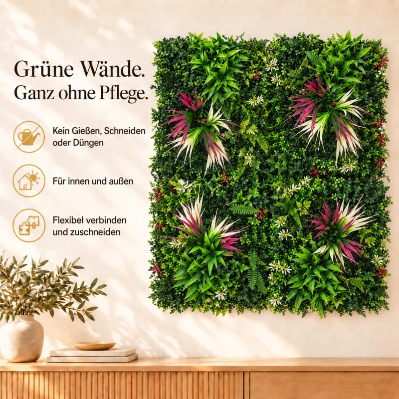 HAGO24 1qm Künstliche Pflanzwand Grün PE Kunstpflanzenwand Pflanzenmatte Blumenwand 4er-Set 50x50 cm Paneel Wanddeko UV-Beständig – Bild 3