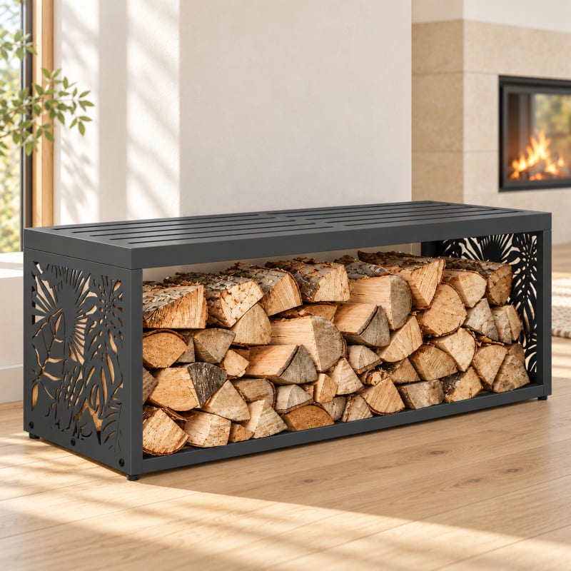 HAGO24 Feuerholzregal mit Sitzbank Anthrazit RAL 7016 verzinkter Stahl Kaminholzregal Brennholzregal Holzlager integrierte Sitzbank Kunststoff-Sitzfläche bis zu 220 kg belastbar – Bild 1