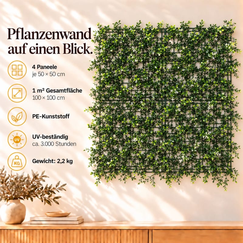 HAGO24 1qm Künstliche Pflanzwand Grün PE Kunstpflanzenwand Pflanzenmatte Blumenwand 4er-Set 50x50 cm Paneel Wanddeko UV-Beständig – Bild 4