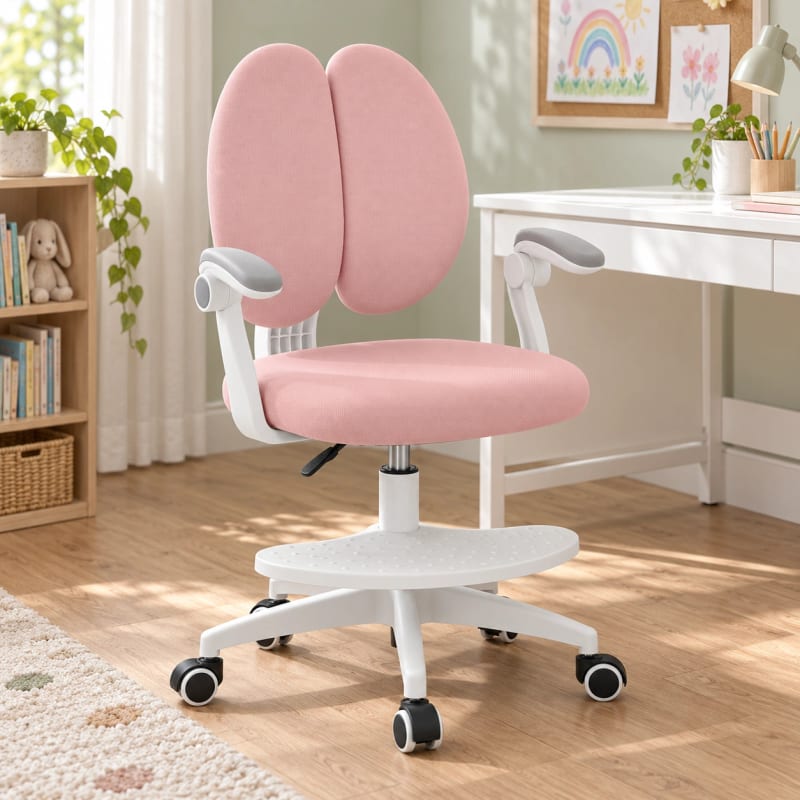 HAGO24 Kinder-Schreibtischstuhl Rosa Polyester Drehstuhl Bürostuhl Schreibtischsessel 46-58cm-Sitzhöhe geteilte Rückenlehne höhenverstellbare Fußstütze