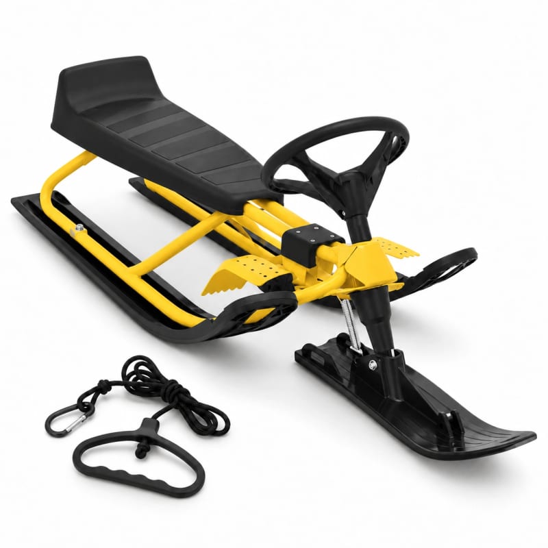 HAGO24 Kinder Lenkschlitten Gelb Stahl Rodelschlitten Steuerschlitten Schneeschlitten 20-cm-Sitzhöhe Fußbremse abnehmbares Zugseil – Bild 2