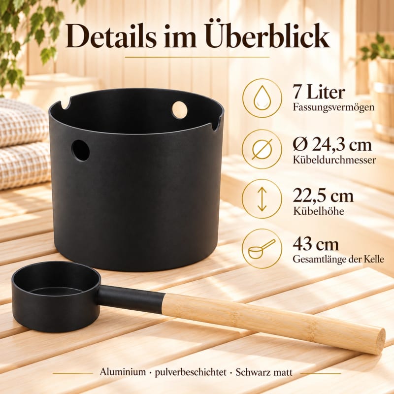 HAGO24 Aufgusskübel-Set Schwarz Aluminium und Bambus Saunaeimer-Set Sauna-Aufgussset Aufgusseimer-Set 7 Liter Fassungsvermögen integrierte Kellenablage mattschwarze Pulverbeschichtung – Bild 4