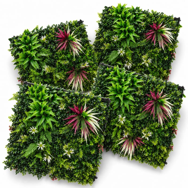 HAGO24 1qm Künstliche Pflanzwand Grün PE Kunstpflanzenwand Pflanzenmatte Blumenwand 4er-Set 50x50 cm Paneel Wanddeko UV-Beständig – Bild 1