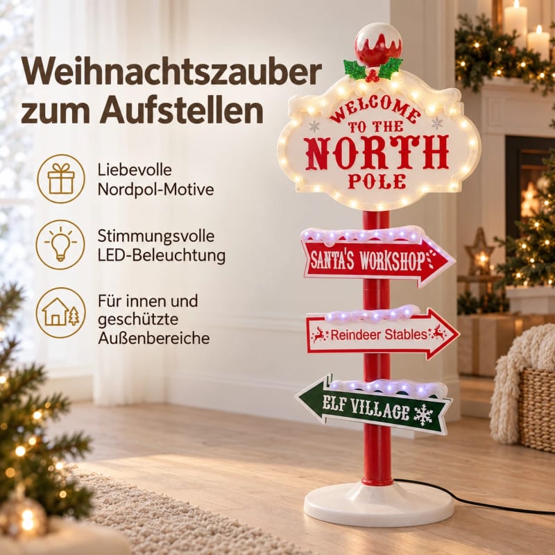 HAGO24 LED-Deko Wegweiser Weihnachten Nordpol Weihnachtsbeleuchtung 95cm Winter Eyecatcher vier Schilder – Bild 3