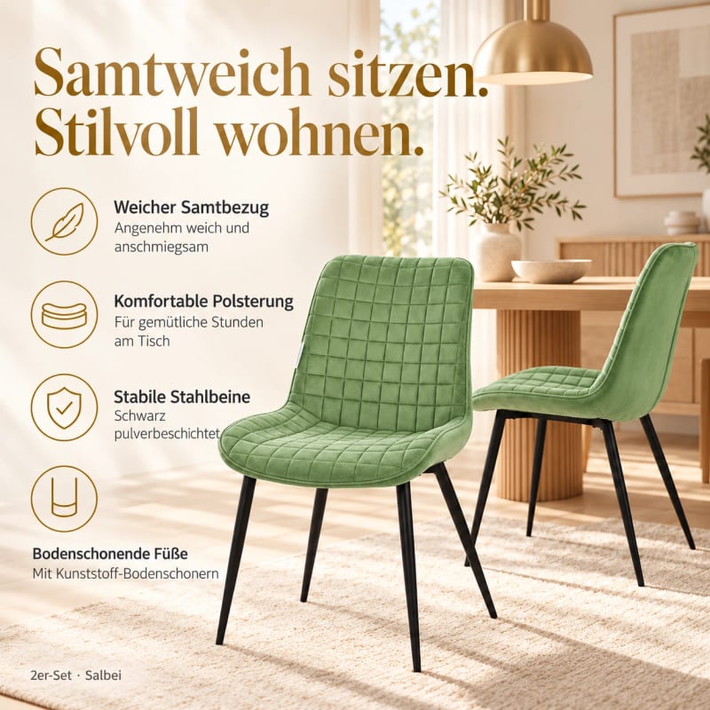 HAGO24 Esszimmerstühle Salbei - Samt Polsterstuhl Küchenstuhl Samtstuhl Essstuhl quadratische Steppung gepolsterte Rückenlehne schwarzes Metallgestell – Bild 3