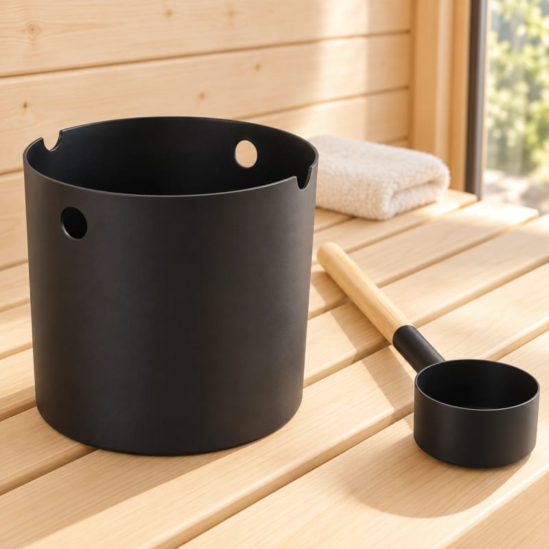 HAGO24 Aufgusskübel-Set Schwarz Aluminium und Bambus Saunaeimer-Set Sauna-Aufgussset Aufgusseimer-Set 7 Liter Fassungsvermögen integrierte Kellenablage mattschwarze Pulverbeschichtung