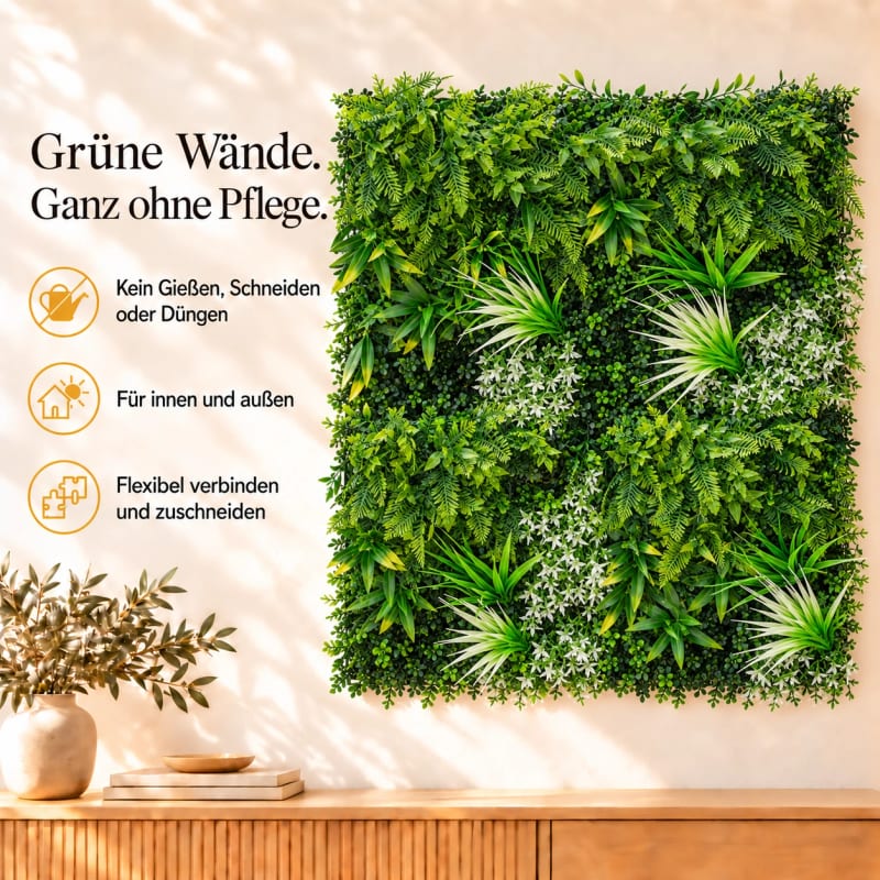 HAGO24 1qm Künstliche Pflanzwand Grün PE Kunstpflanzenwand Pflanzenmatte Blumenwand 4er-Set 50x50 cm Paneel Wanddeko UV-Beständig – Bild 3