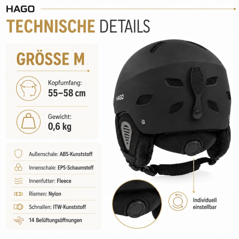HAGO24 Skihelm Schwarz ABS-Kunststoff EPS-Schaumstoff Snowboardhelm Snowboardhelm Unisex größenverstellbar 14 Belüftungsöffnungen Skibrillenhalter – Größe M – Bild 4