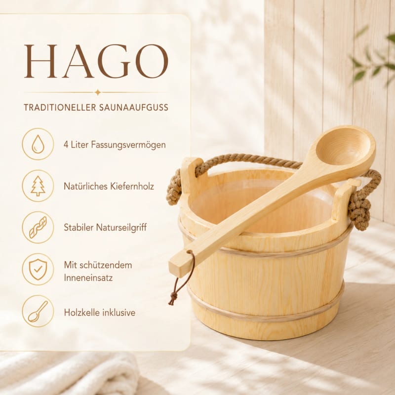 HAGO24 Aufgusskübel-Set Holzeimer Wasserkübel Holzkelle Kiefernholz – Bild 3