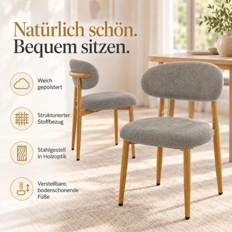 HAGO24 Esszimmerstühle Grau Essstuhl Küchenstuhl Polsterstuhl Küchenstühle Rückenlehne Stoff Holzoptik Stahl Skandinavien – Bild 3