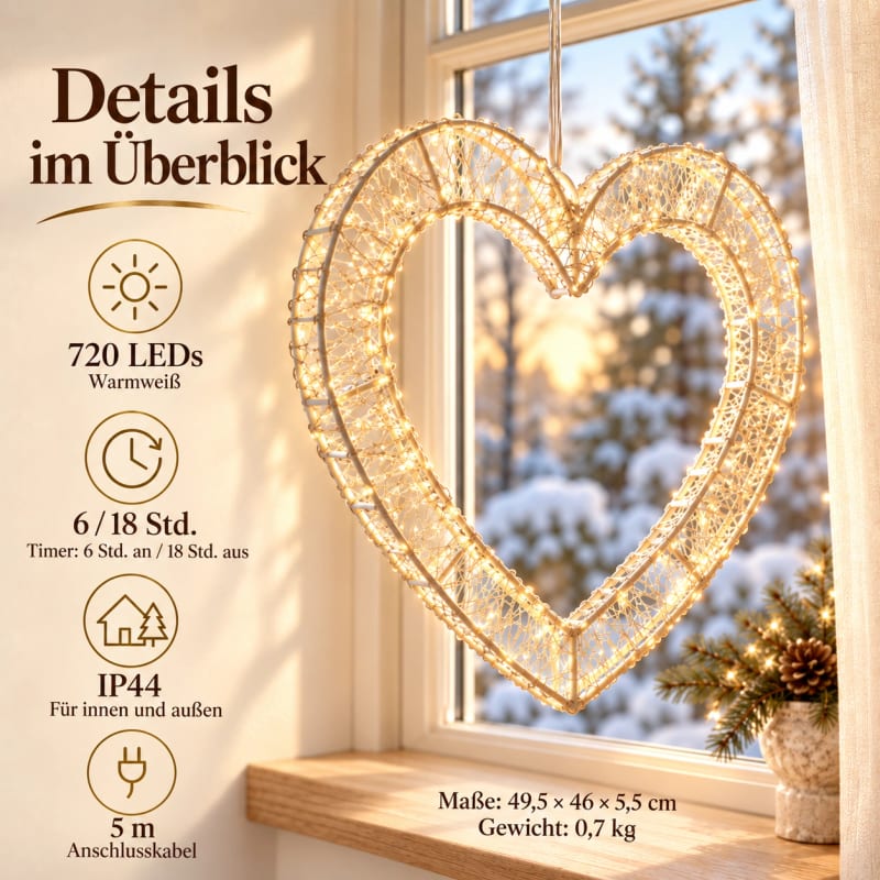 HAGO® LED Dekoherz Leuchtherz 720 LEDs 49,5 cm mit Timer warmweiß IP44 Weihnachtsdeko – Bild 4