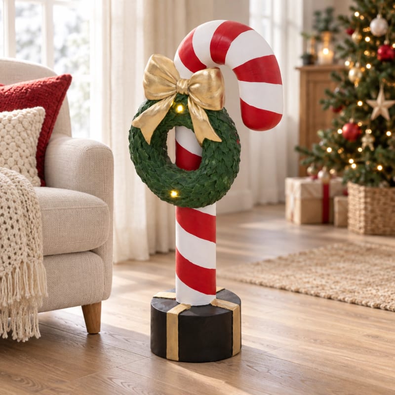 HAGO24 LED-Dekofigur Zuckerstange Rot Weiß Grün Schwarz Gold Magnesia Weihnachtsfigur Weihnachtsdekoration LED-Figur mit Kranz integrierten LEDs 68 cm Höhe