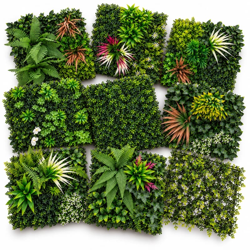HAGO24 1qm Künstliche Pflanzwand Grün PE Kunstpflanzenwand Pflanzenmatte Blumenwand 4er-Set 50x50 cm Paneel Wanddeko UV-Beständig
