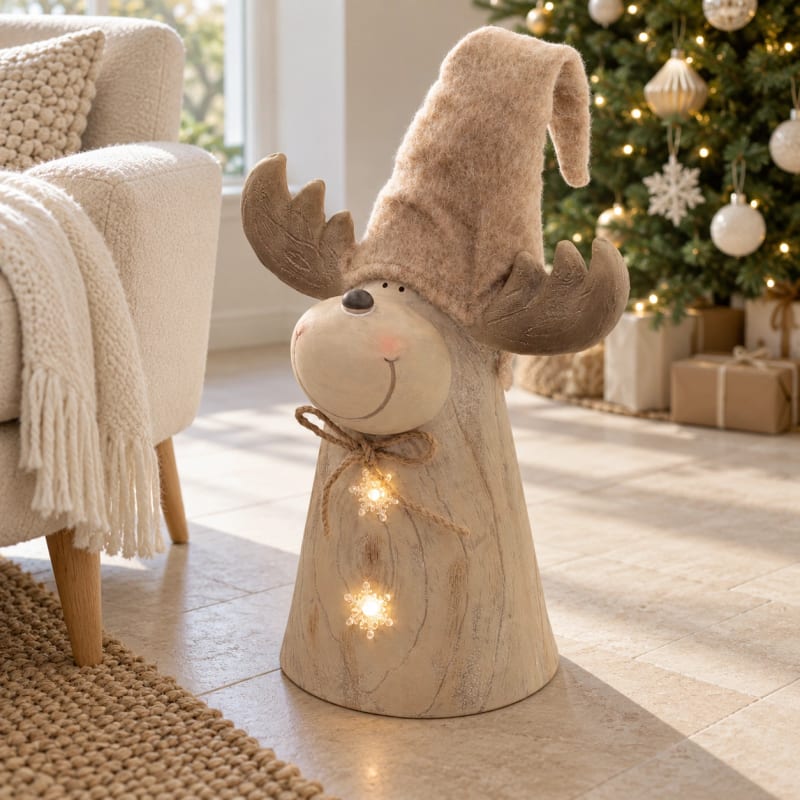 HAGO24 LED-Weihnachtselch Braun Holzoptik Elchfigur Rentierfigur Weihnachtsfigur höhenverstellbar LED-Schneeflocken 45-63cm – Bild 5
