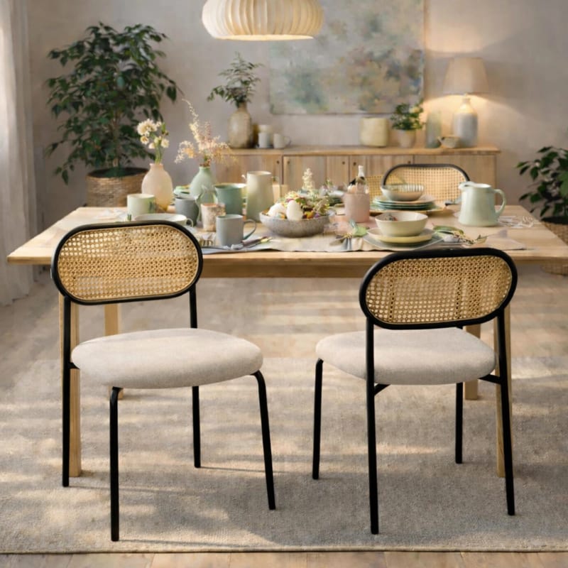 HAGO24 Esszimmerstühle 2er Set Küchenstuhl PE-Rattan Rückenlehne Stahlgestell Polster Beige Sitzhöhe 46cm bis 120kg